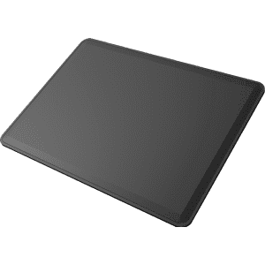 A wireless charging mouse pad in black, featuring a sleek, flat design with rounded edges and a logo.
