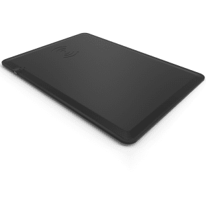 A black wireless charging mouse pad with a logo and a sleek, slim design.