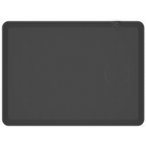 A wireless charging mouse pad in a sleek black design, featuring an integrated wireless charging symbol.