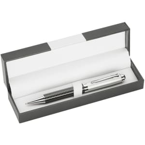 A sleek silver pen housed in a grey rectangular box with a white interior. The box features a logo.