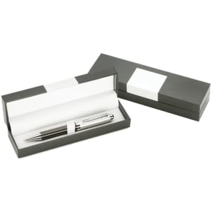 A stylish silver pen in a sleek grey box, featuring a simple white insert and branding.