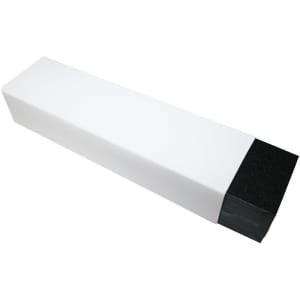 A long, rectangular pen box featuring a white body and black base, with a smooth finish and a logo on one side.