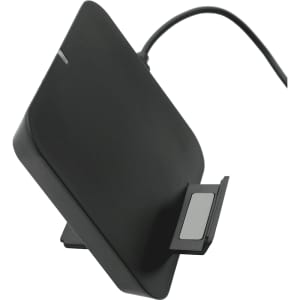 A sleek black wireless charging phone stand with an attached cable, designed for convenient charging.