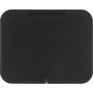 A black wireless charging phone stand with a sleek, minimalist design and a transparent base.