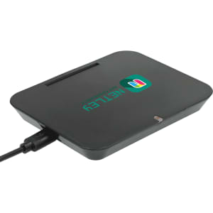A black wireless charging phone stand with a logo and a charging cable connected.
