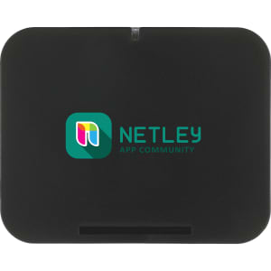 A black wireless charging phone stand with a logo on the front. It features a sleek, compact design.