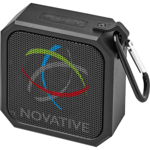 A black, portable Bluetooth speaker with a carabiner clip and a colourful logo design on the front.
