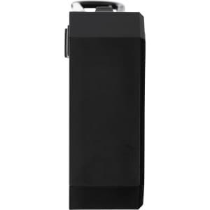 A black waterproof Bluetooth speaker with a sleek rectangular design and a metal clip attached.