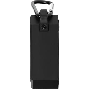A black outdoor waterproof Bluetooth speaker featuring a carabiner for easy attachment and a sleek, compact design.