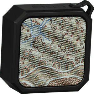A waterproof Bluetooth speaker in black, featuring an intricate patterned front design. It has a small branding logo.