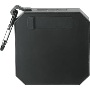 A black octagonal waterproof Bluetooth speaker with a carabiner clip attached.