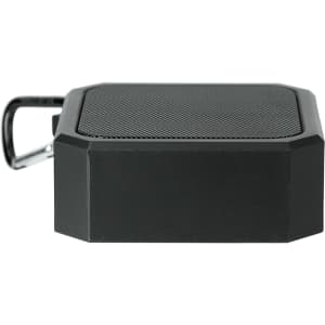 A black outdoor waterproof Bluetooth speaker with a metal loop for attachment. The design is compact and rugged.