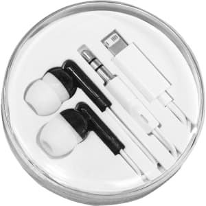 Wired earbuds in black and white, packaged with multiple tips and a cable, contained in a clear round case.
