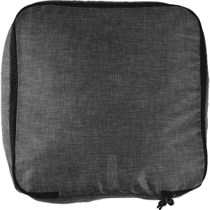 A grey recycled packing cube with a zip closure, featuring a logo on the front.