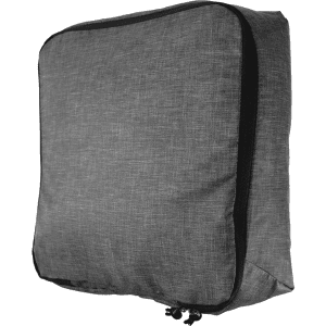 A grey packing cube with a zipper and black trim, featuring a logo. Suitable for organizing travel items.