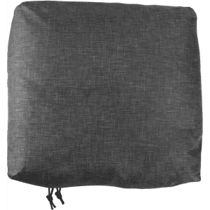 A dark grey packing cube with a textured fabric surface and drawstring closure. It features a logo on the side.