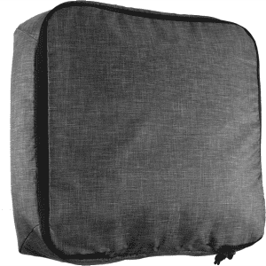 A grey packing cube with a zipper, featuring a textured fabric design and a logo on the surface.
