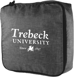 A dark grey packing cube with a zipper and a logo printed on the front.