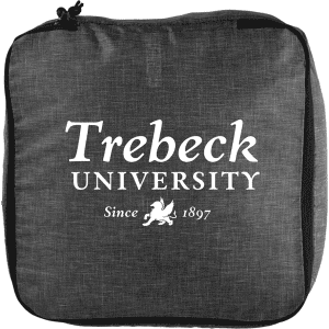 A grey packing cube with a zipper and a logo featuring text and an emblem.