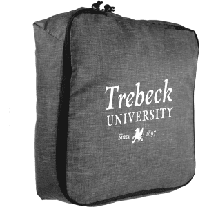 A grey packing cube with a black zipper, featuring a logo and text on one side.