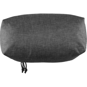 A charcoal grey packing cube with a textured design, featuring drawstring closures and a logo.