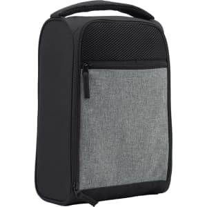 A black and grey travel shoe bag with a handle and zippered compartments, featuring a mesh pocket.