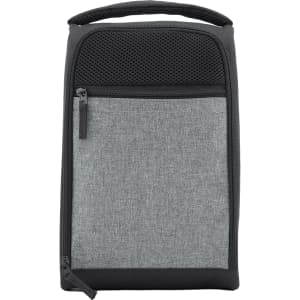 A grey travel shoe bag with a textured front, zip closure, and a handle on top. It features a logo.