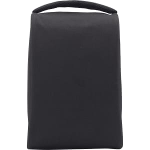 A black travel shoe bag with a handle, featuring a simple design and a logo on the front.