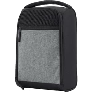 A compact black and grey travel shoe bag with a carry handle and zippered compartments. It features a mesh panel on the top.