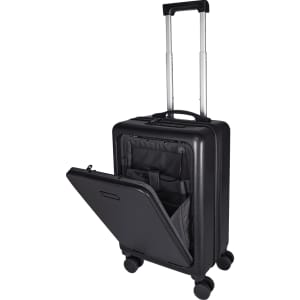 A black wheeled cabin trolley bag with an extendable handle and an open compartment displaying interior pockets.