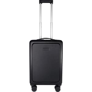 A black wheeled cabin trolley bag with a retractable handle and two wheels, featuring a logo on the front.