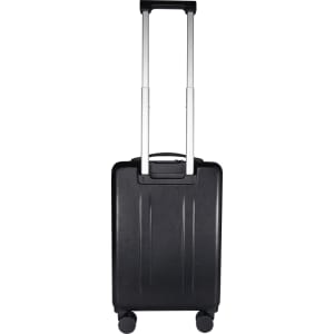 A black recycled cabin trolley bag with a retractable handle and four wheels. It features a logo on the front.
