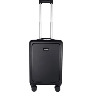 A black wheeled cabin trolley with a telescopic handle and four wheels, featuring a logo on the front.