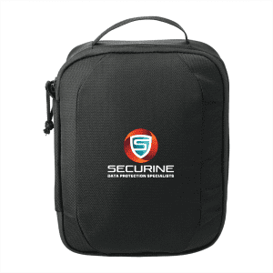 A black tech case featuring a zip closure and a top handle, with a logo on the front.