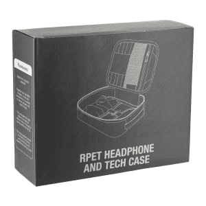 A black RPET headphone and tech case box featuring a logo and an illustration of the product inside.