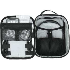 A black RPET headphone and tech case featuring mesh pockets, cables, and a padded compartment for headphones.