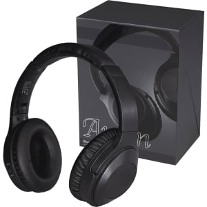 A pair of black Anton ANC headphones next to their black packaging, featuring a sleek and modern design.