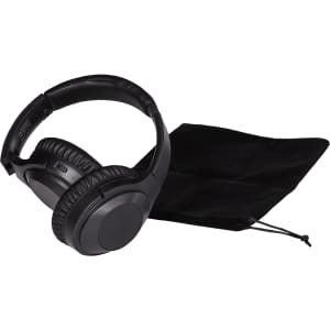 Black Anton ANC headphones with a soft carrying pouch on a white background.