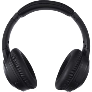 Black over-ear headphones with a padded headband and ear cushions. Features a branding logo.