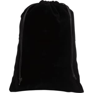 A black velvet drawstring bag with a smooth texture and two ties at the top.