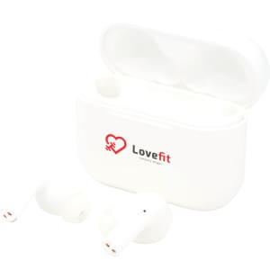 White wireless earbuds housed in a matching case, featuring a logo on the front.