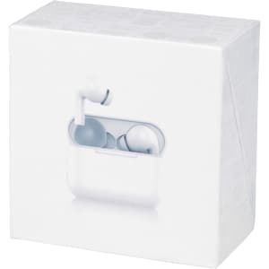 A white product box containing earbuds, featuring a minimalist design and a branding logo.