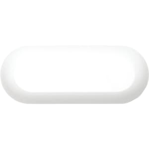 A pair of white earbuds in a sleek, elongated charging case. The case features a simple design and has a logo.