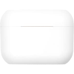 A white earbuds charging case with a sleek design and a small metallic accent. It features a branding logo.