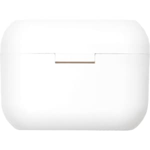 A white charging case for earbuds with a smooth finish and a minimalistic design, featuring a small opening.