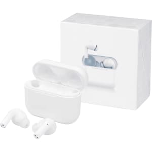 White earbuds with a charging case, presented in a plain white box, featuring a logo on the packaging.