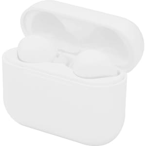 White wireless earbuds in a matching charging case, featuring a sleek design and a branding logo.