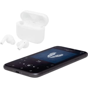 Wireless earbuds in white case, placed beside a smartphone displaying a music player interface.