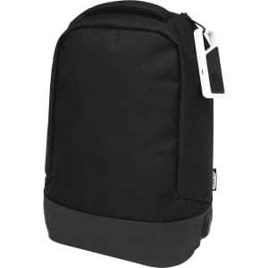 A black backpack with a sleek design featuring a zippered closure and a sturdy base. It has a logo on the side.