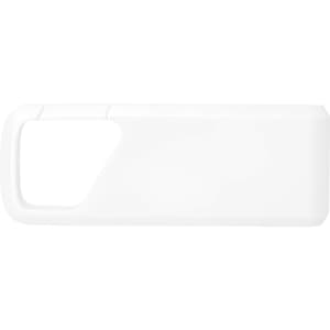 A white Bluetooth speaker with a rectangular shape and rounded edges, featuring a button interface and a branding logo.